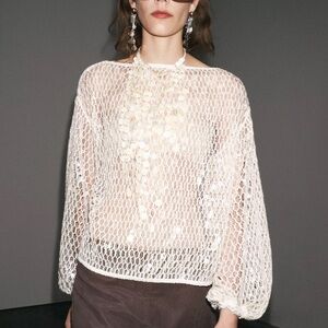 Zara Cream Open-Knit Long Sleeve Blouse